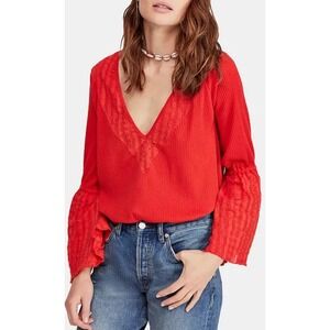 Free People Parisian Nights Red Lace Trim Ribbed Bell Sleeve V Neck Top Small